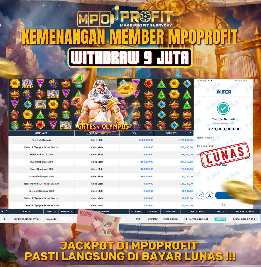 MPOPROFIT JACKPOT SLOT PRAGMATIC PLAY! KEMENANGAN MURNI DI (GATES OF OLYMPUS TOTAL RP 9.000.000,- LUNAS)